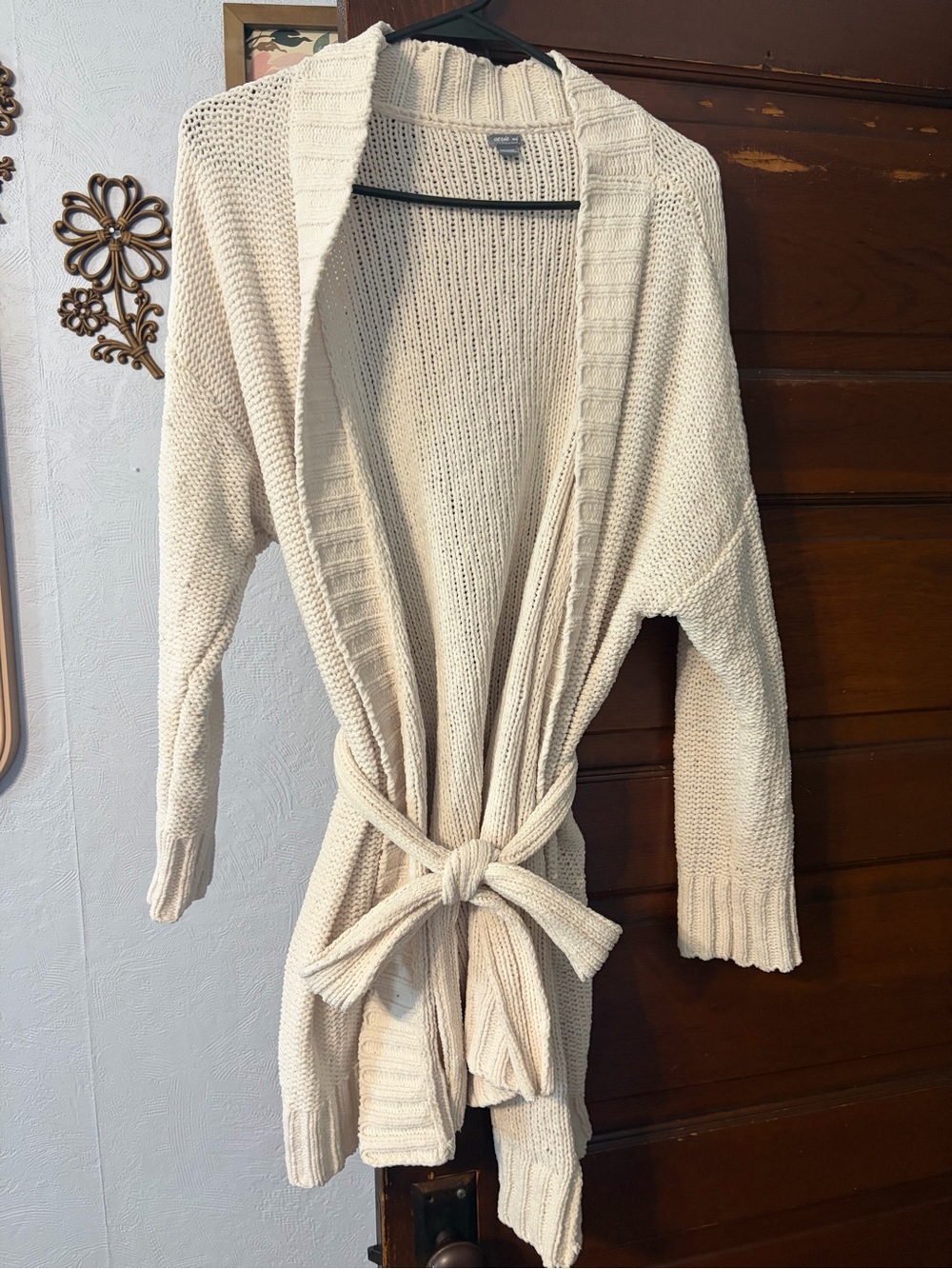 aerie Cream Open-Front Belted Knit Cardigan